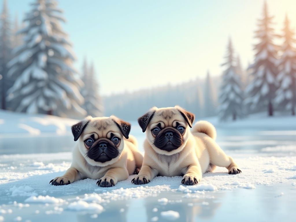 Two Pugs Slide Across Icy Winter Wonderland