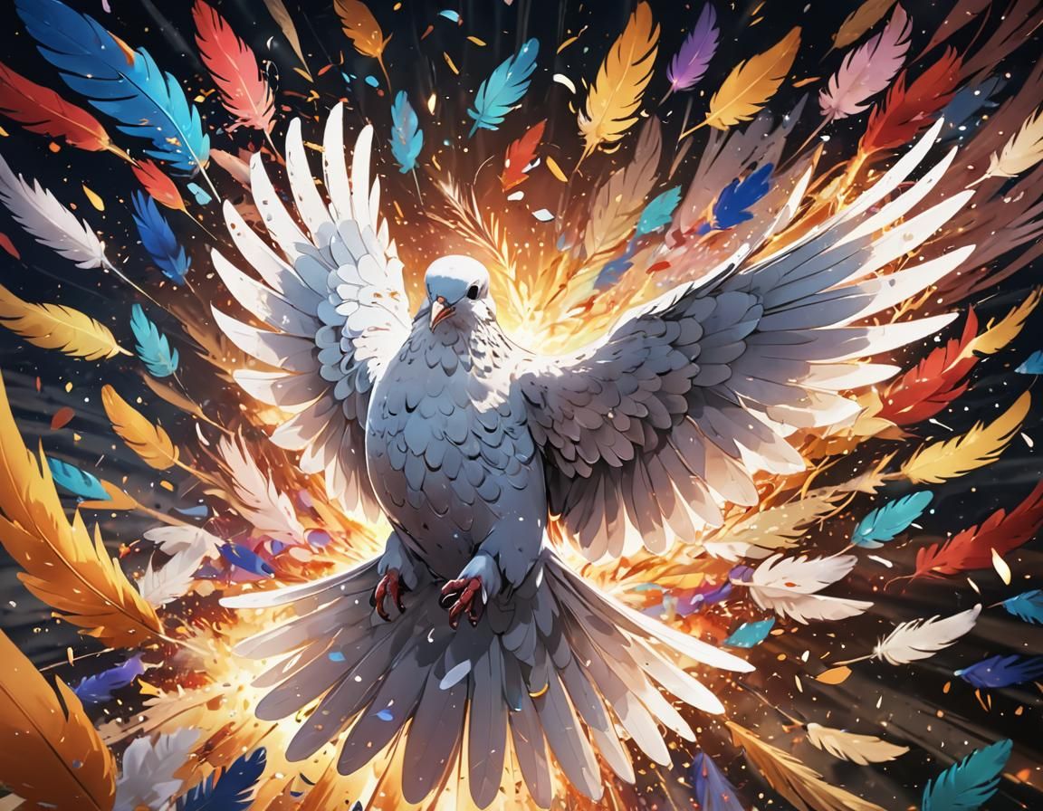 Anime-Style Dove of Peace in Vibrant, Swirling Feathers