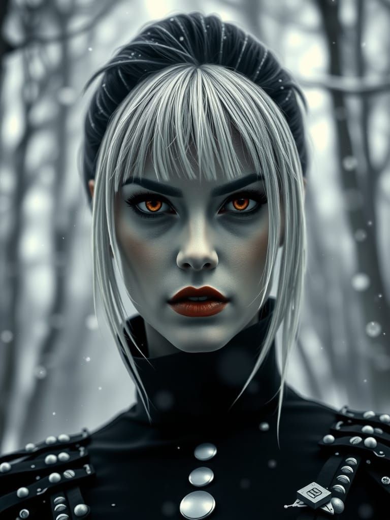 Cruella with Half-Black, Half-White Hair and Piercing Gaze