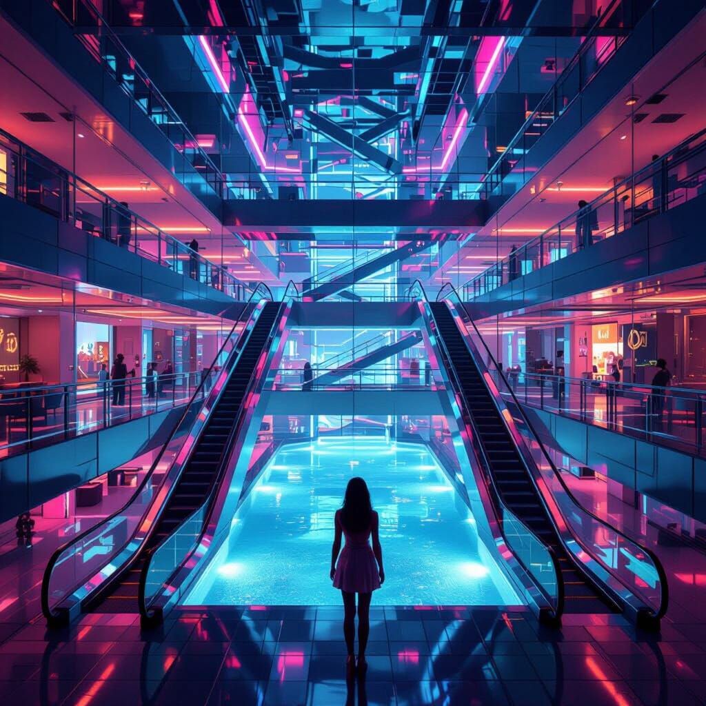 Surreal Liminal Motel Office Pool with Cyberpunk Aesthetic