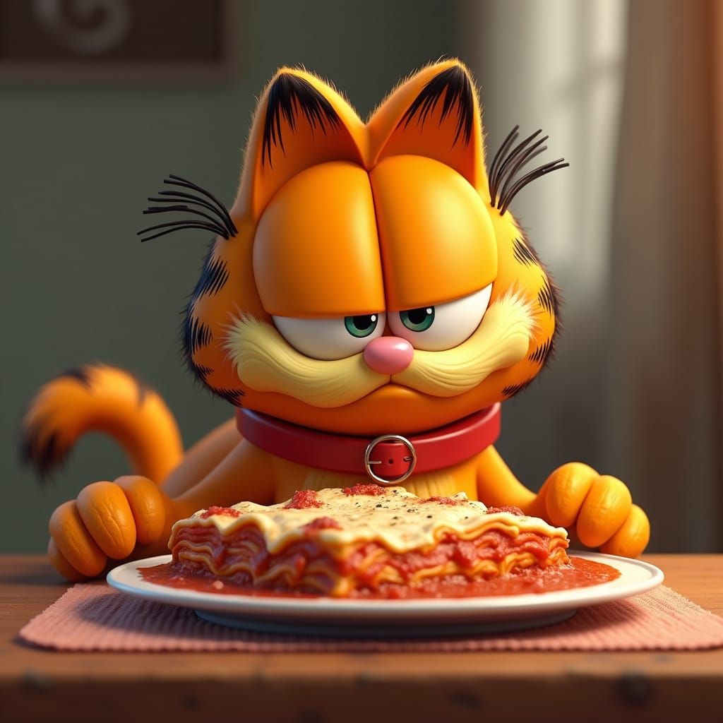 Garfield Devours Lasagna in Animated Cartoon Style