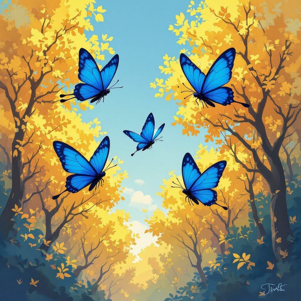 Three Blue Wonderflies in Golden Forest, Ethereal Digital Ar...