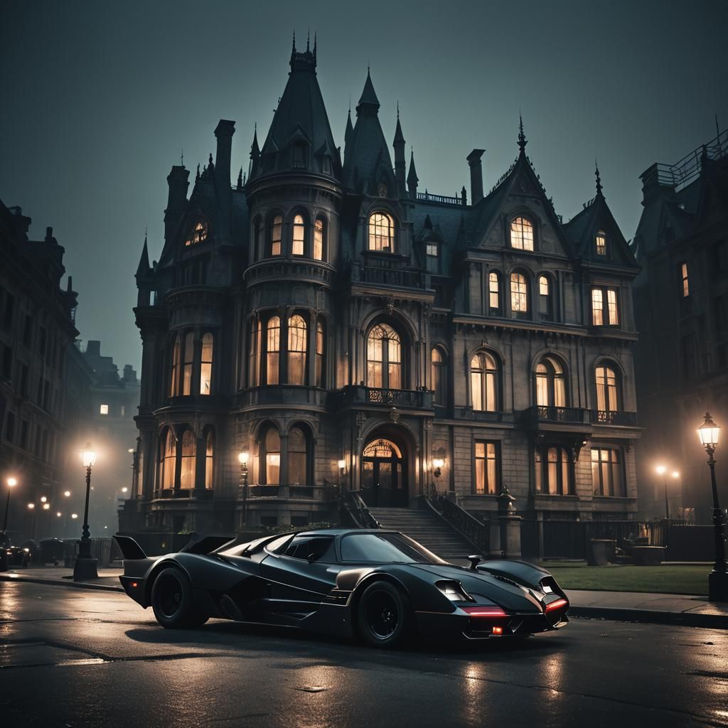 Batmobile Parked in Gotham City Mansion at Dusk
