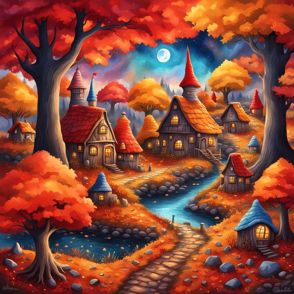 Mystical Gnome Village in Autumn Landscape