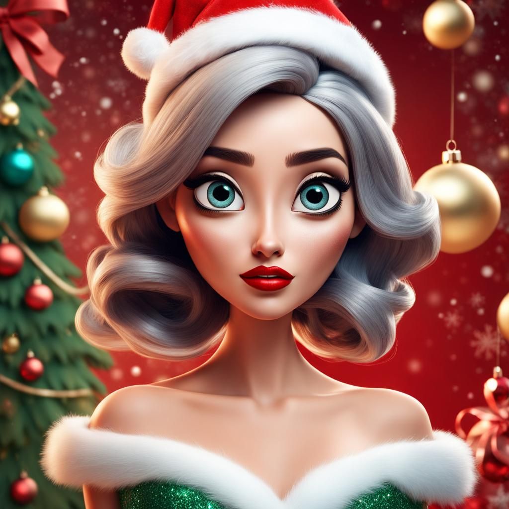 Disney Pixar style 3D beautiful woman, big expressive eyes, wearing elegant fancy Christmas fashion, elegant Christmas p...