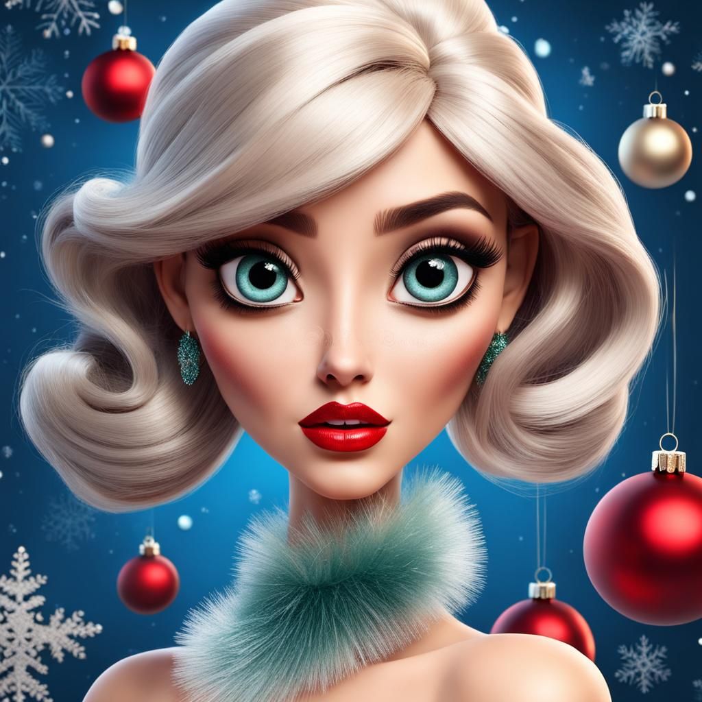 Disney Pixar style 3D beautiful woman, big expressive eyes, wearing elegant fancy Christmas fashion, elegant Christmas p...