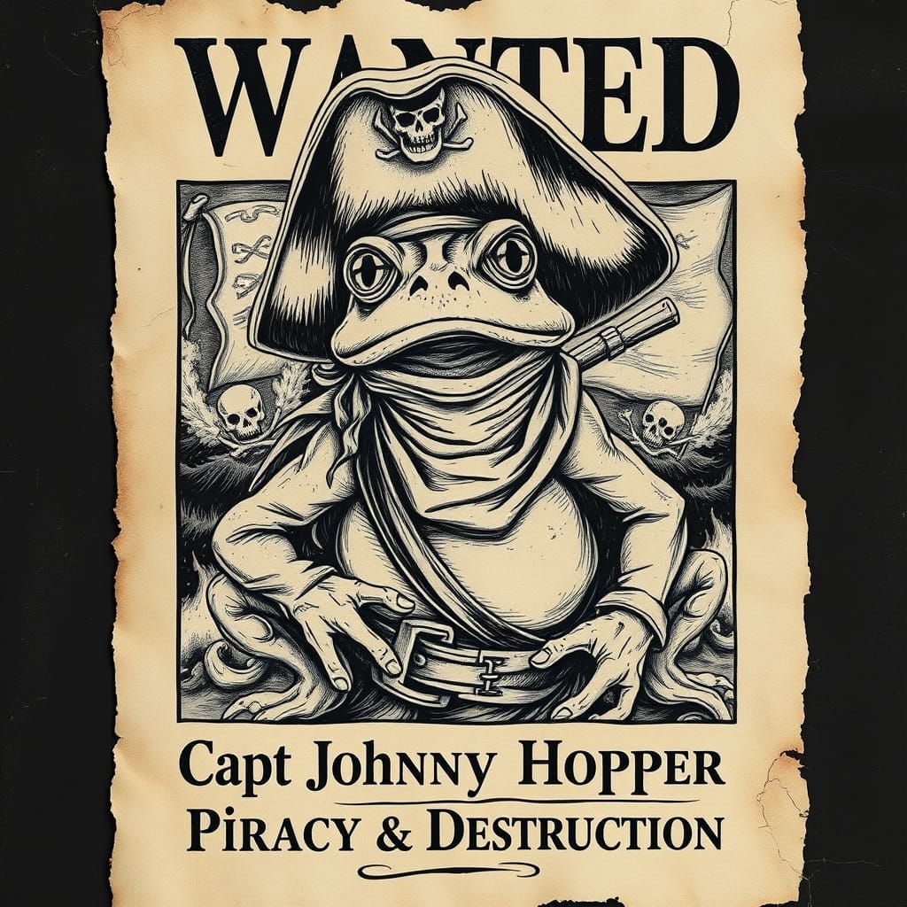 Wanted: Anthropomorphic Frog Pirate on Distressed Parchment