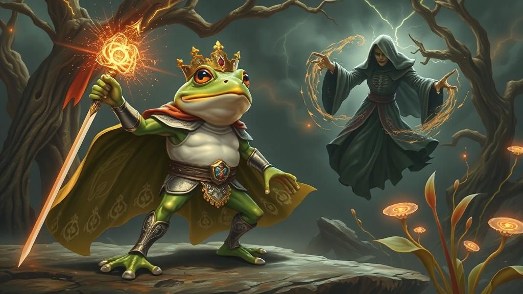 Frog Prince Confronts Witch in Mystical Forest