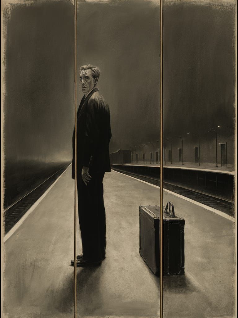 Monochrome Triptych Painting of a Man on Platform