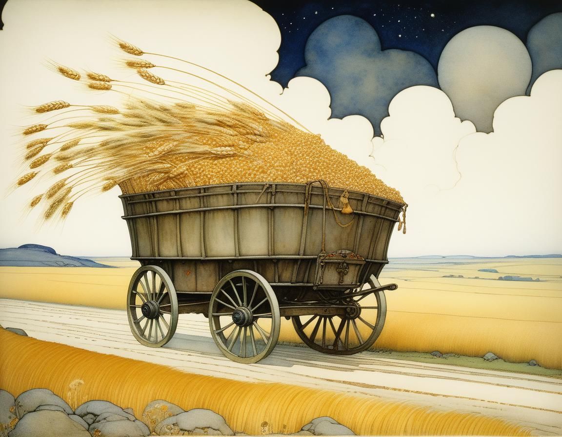 Whimsical Wheat Field Wagon in Watercolor Style