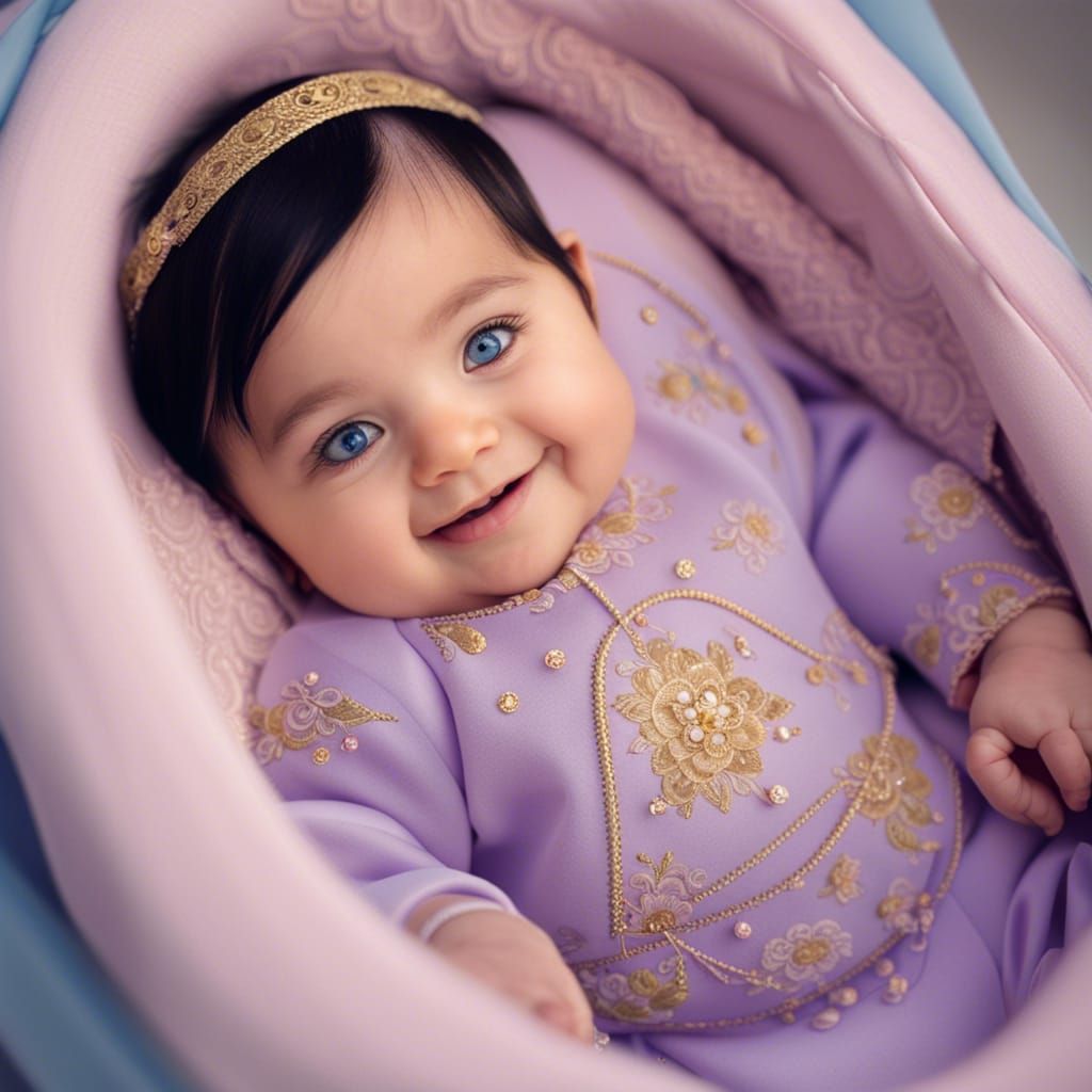 Smiling Baby in Embroidered Lilac Outfit