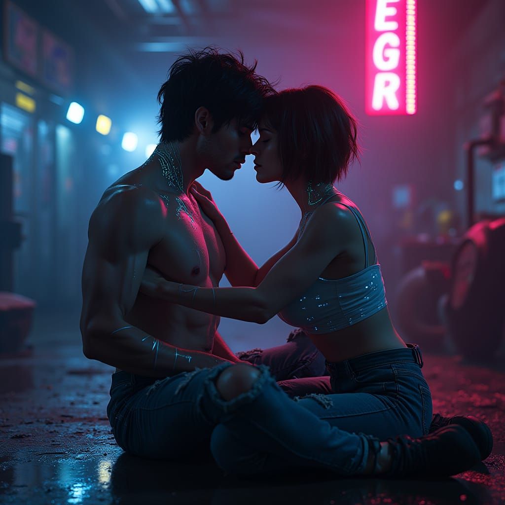 Cyberpunk Couple in Neon-Lit Garage