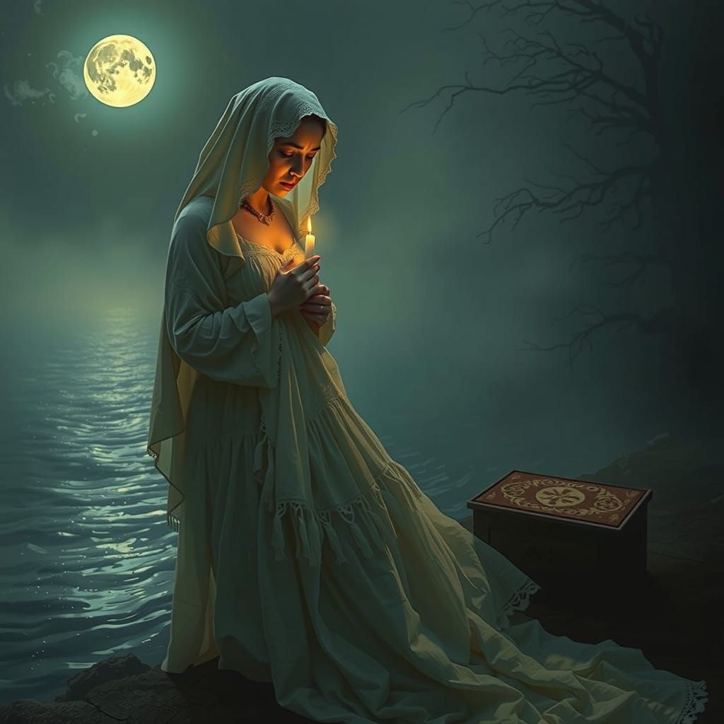 Sorrowful Llorona Weeps by the Water's Edge on Dia de los Mu...