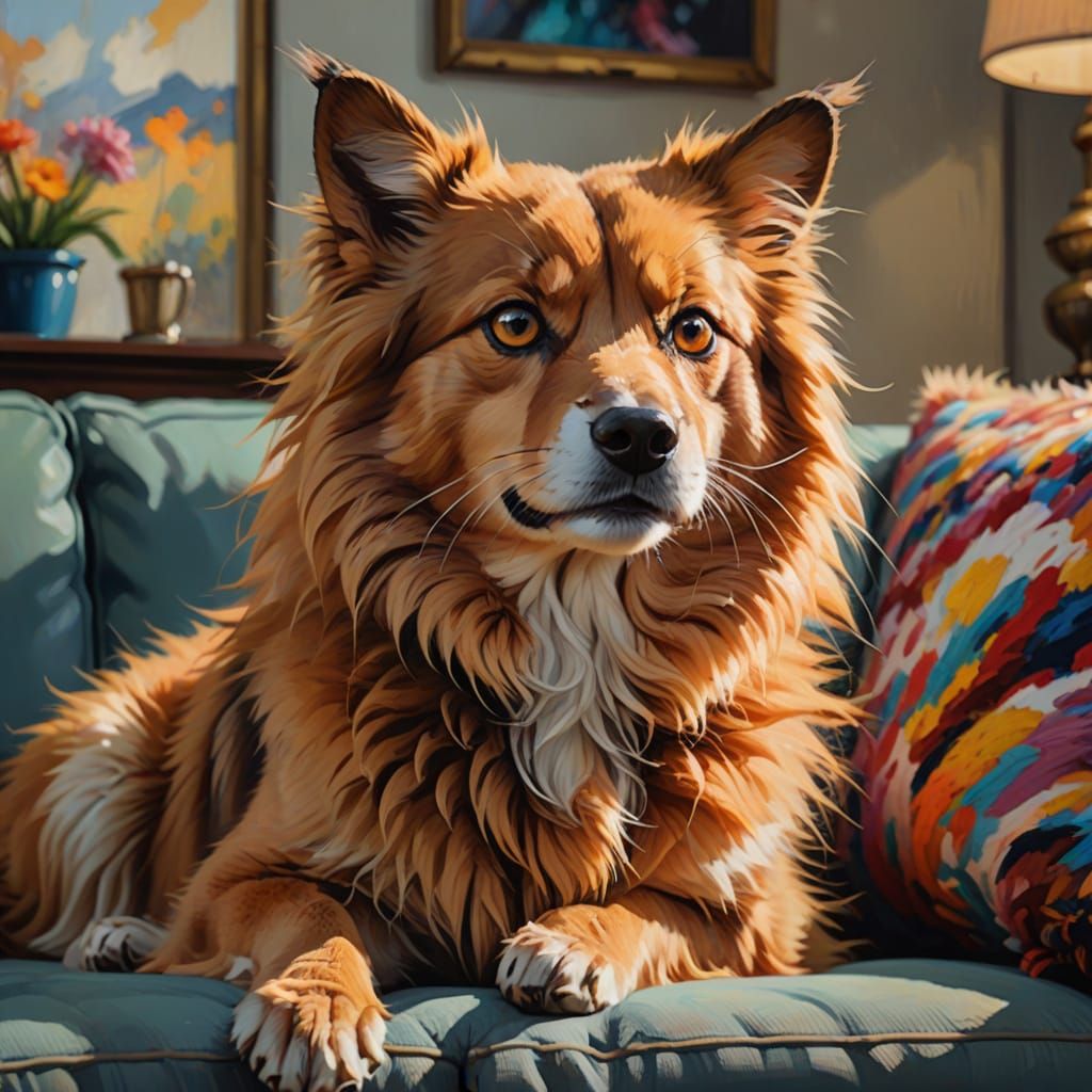Playful Pet on Couch in Vibrant Oil Painting