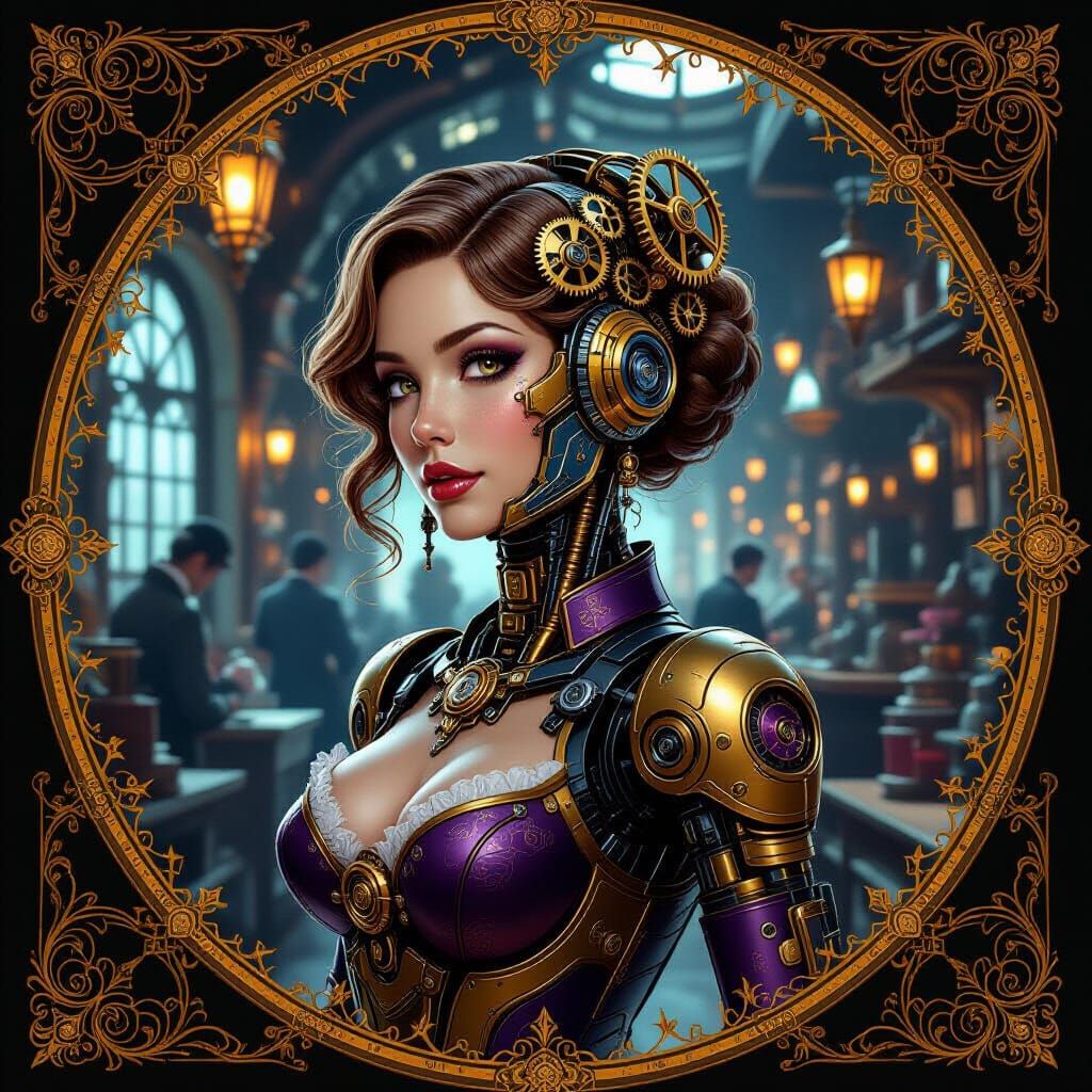 Steampunk Robot Woman in Victorian Workshop