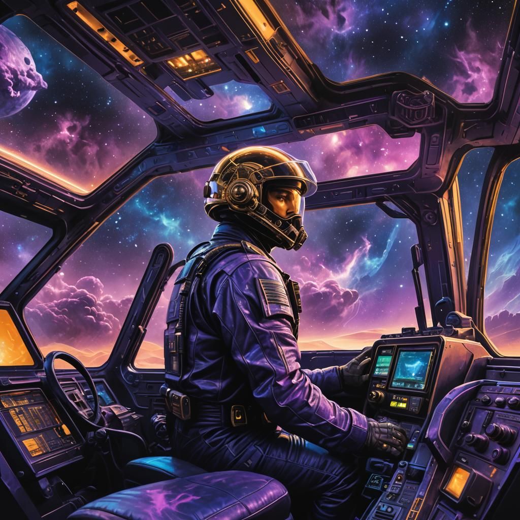 Sci-Fi Space Trucker Navigating Nebula in Metallic Cockpit