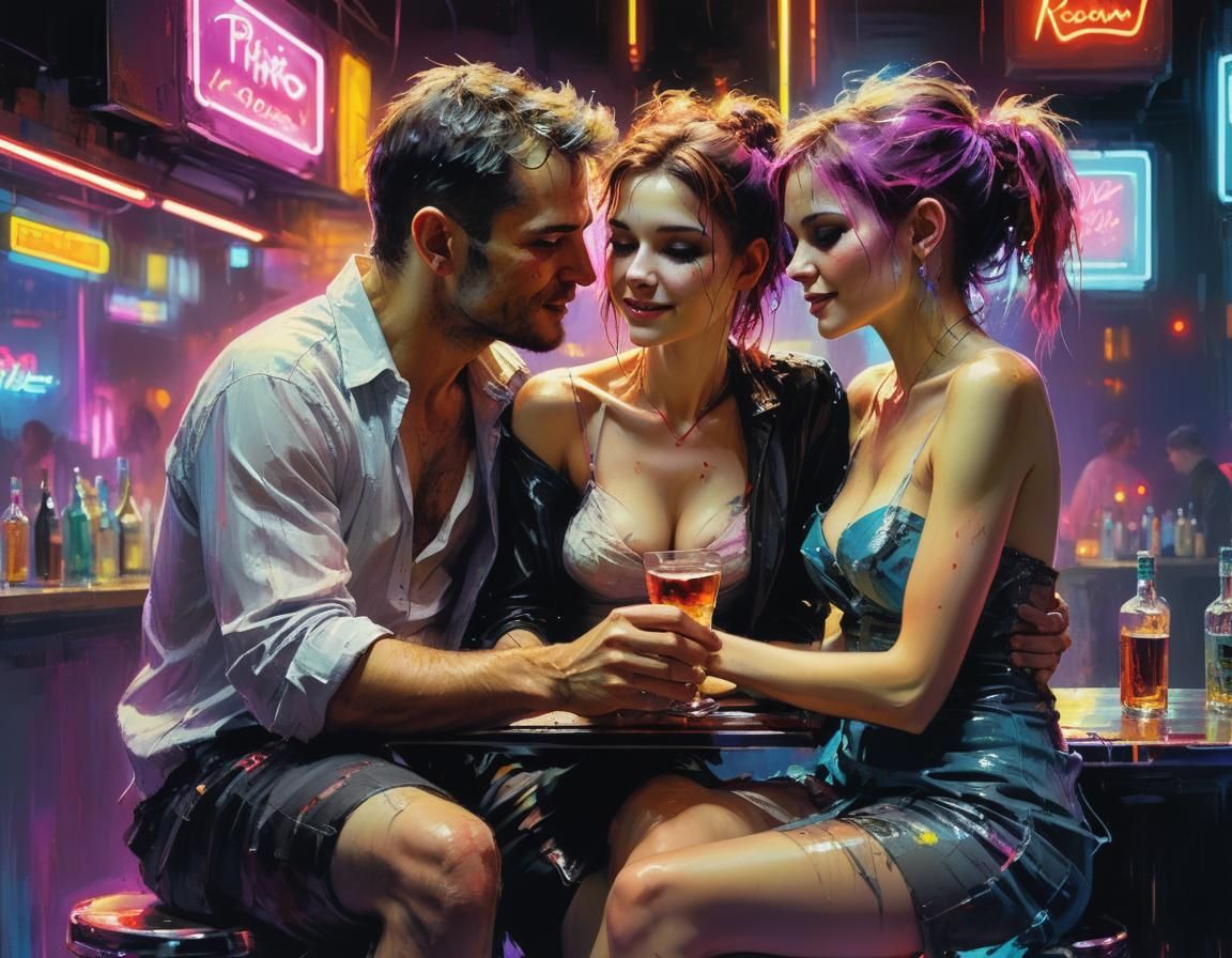 Neon Lit Couple at Bar: Synthwave Oil Painting