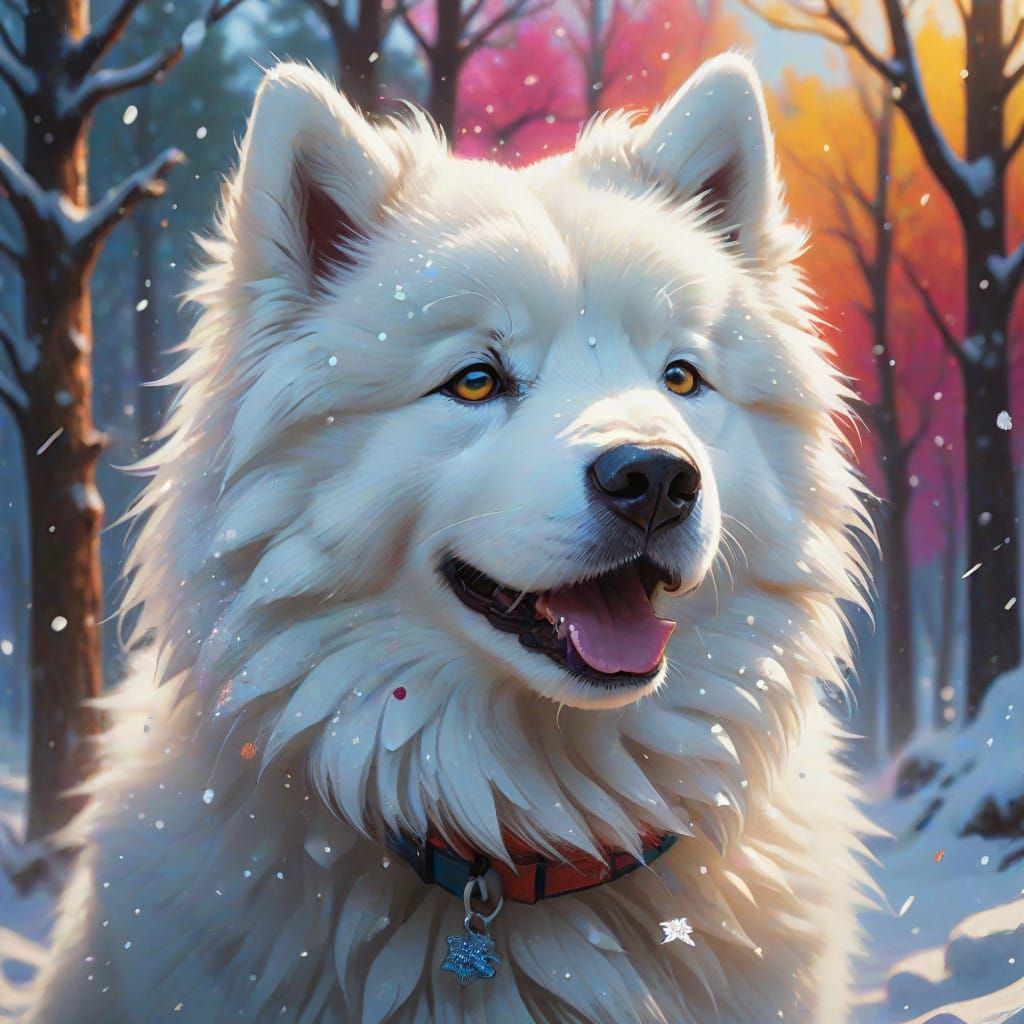 Hyperrealistic Samoyed Puppy in Winter Wonderland