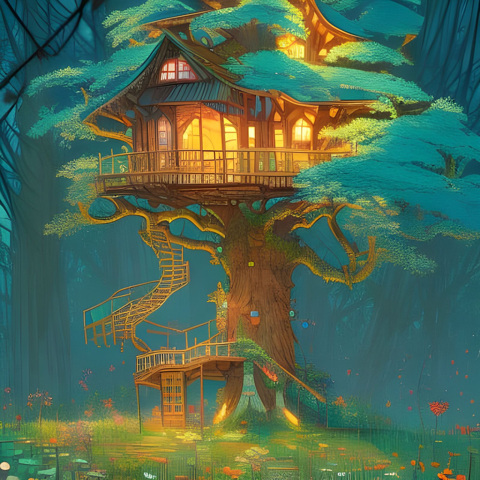 Magical Star Treehouse in Detailed Digital Illustration