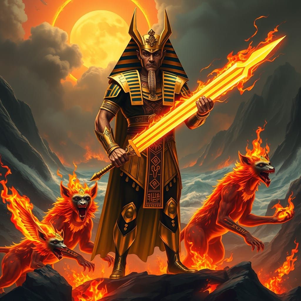 Champion of Light: Golden Warrior Defies Shadows in Fiery Ba...