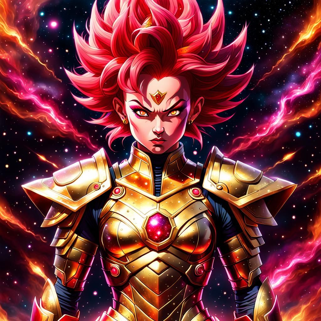 Cosmic Saiyan Heroine with Nebula Hair in Surreal Style