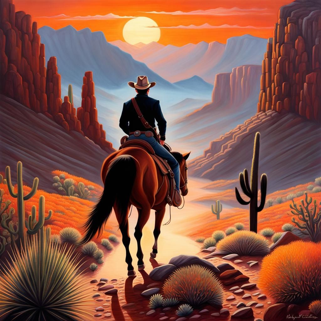 Cowboy Rides into Sunset: A Pastel Painting