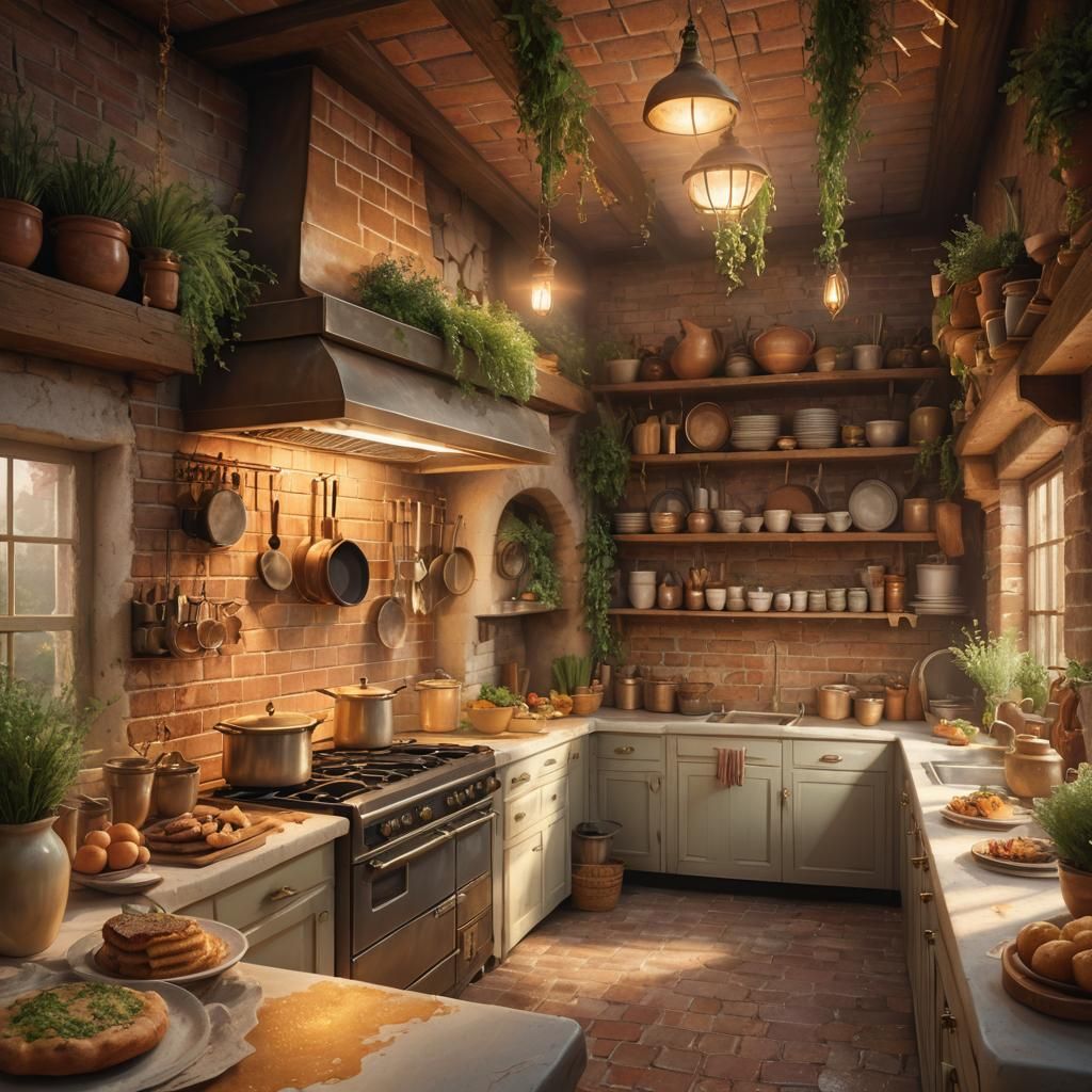 Warm Golden Kitchen with Cake in Fantasy Style