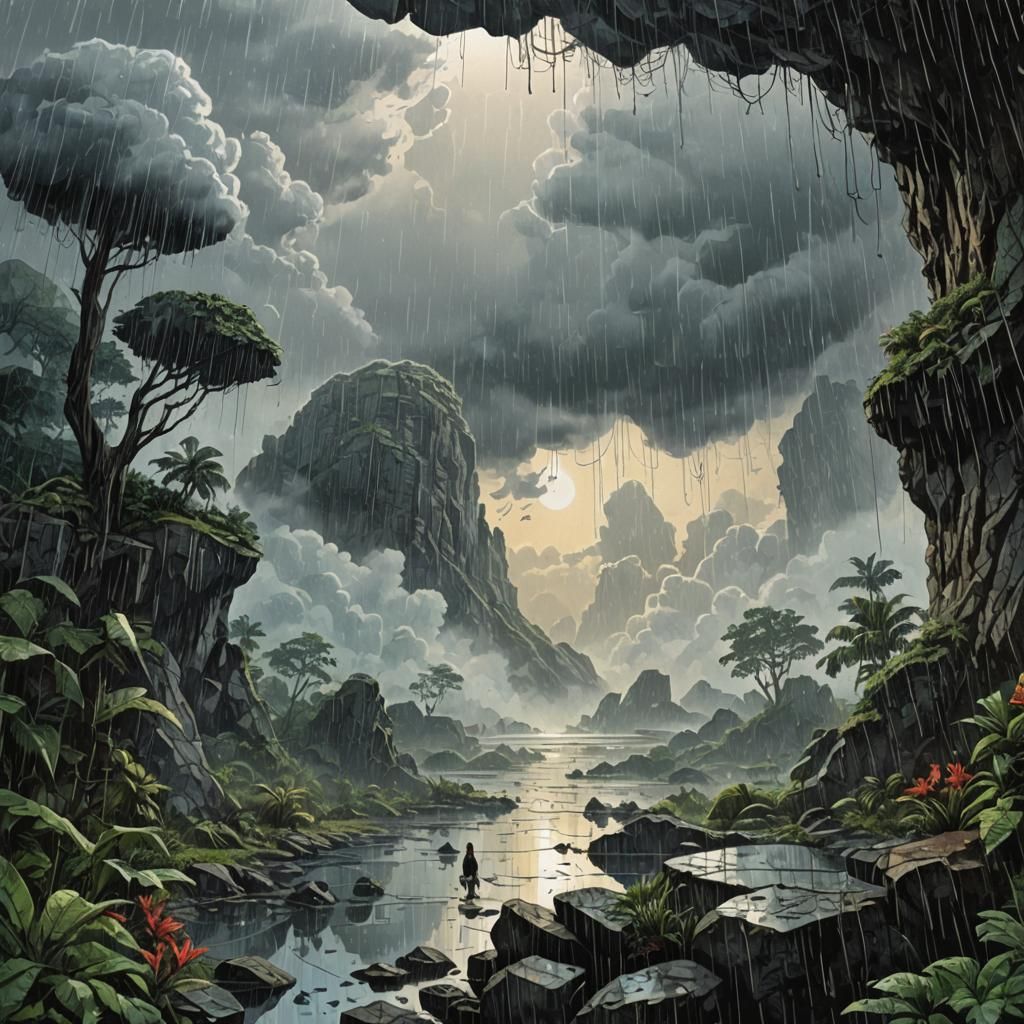 Rain and Clouds at Dawn: Retro D&D Illustration