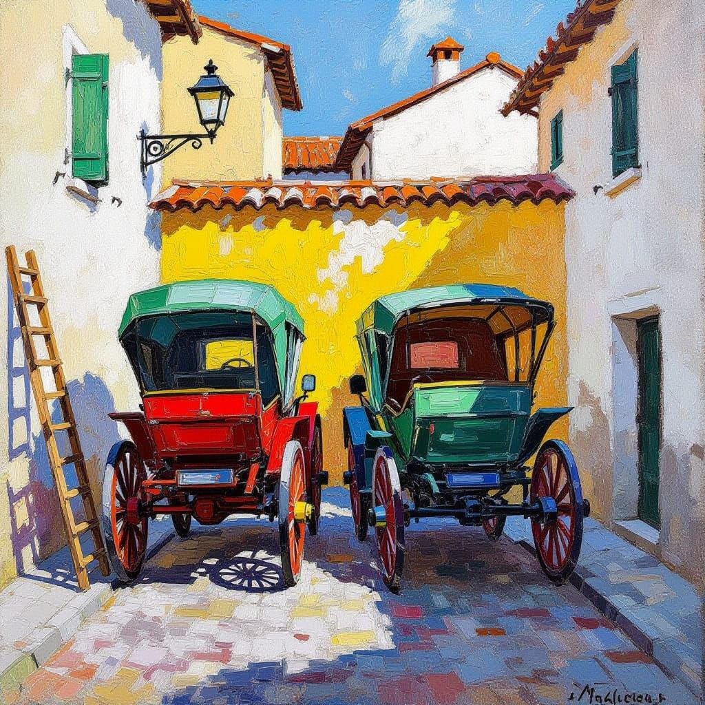 Impressionistic Carriages on Cobblestone Street