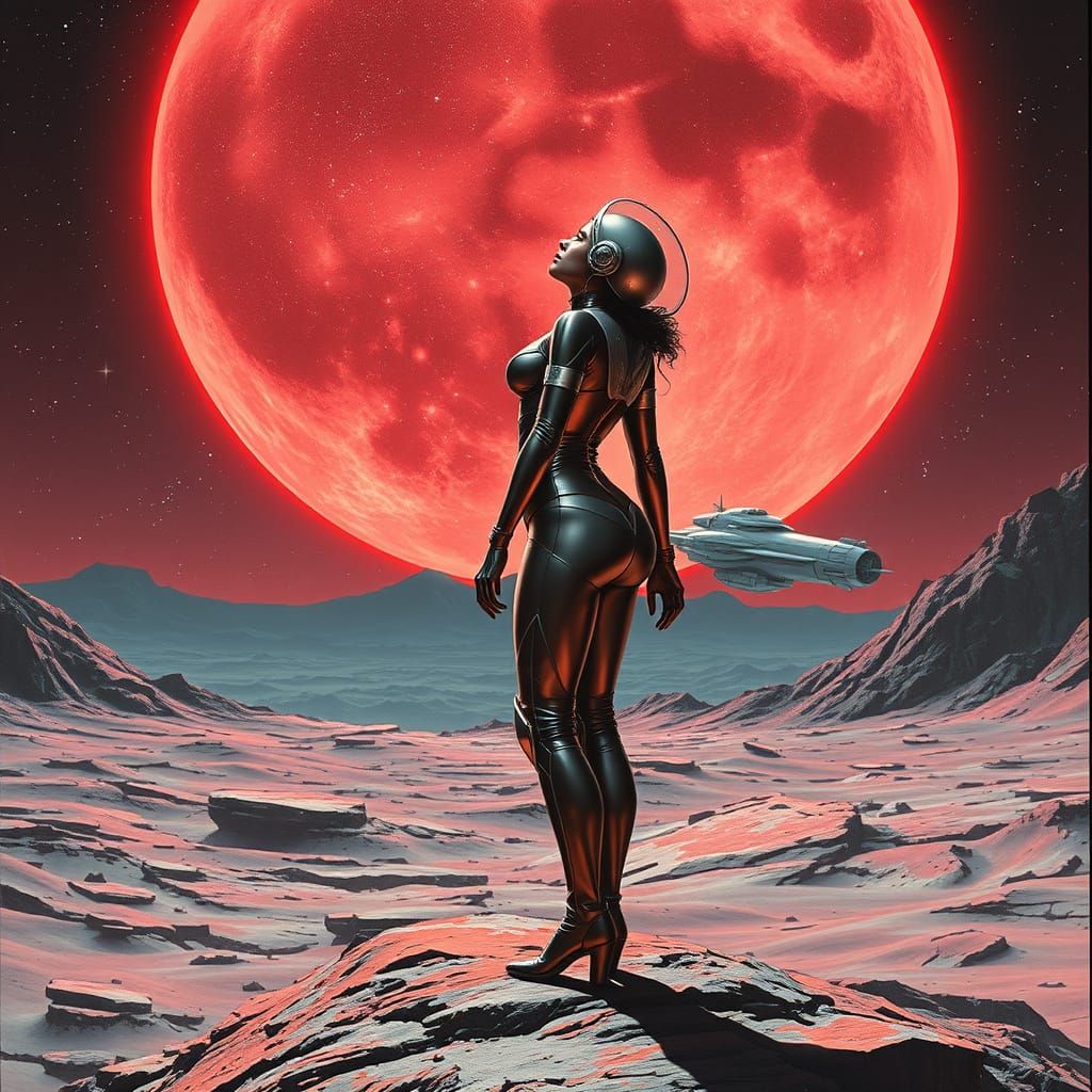 Woman on Red Moon Gazing at Stars