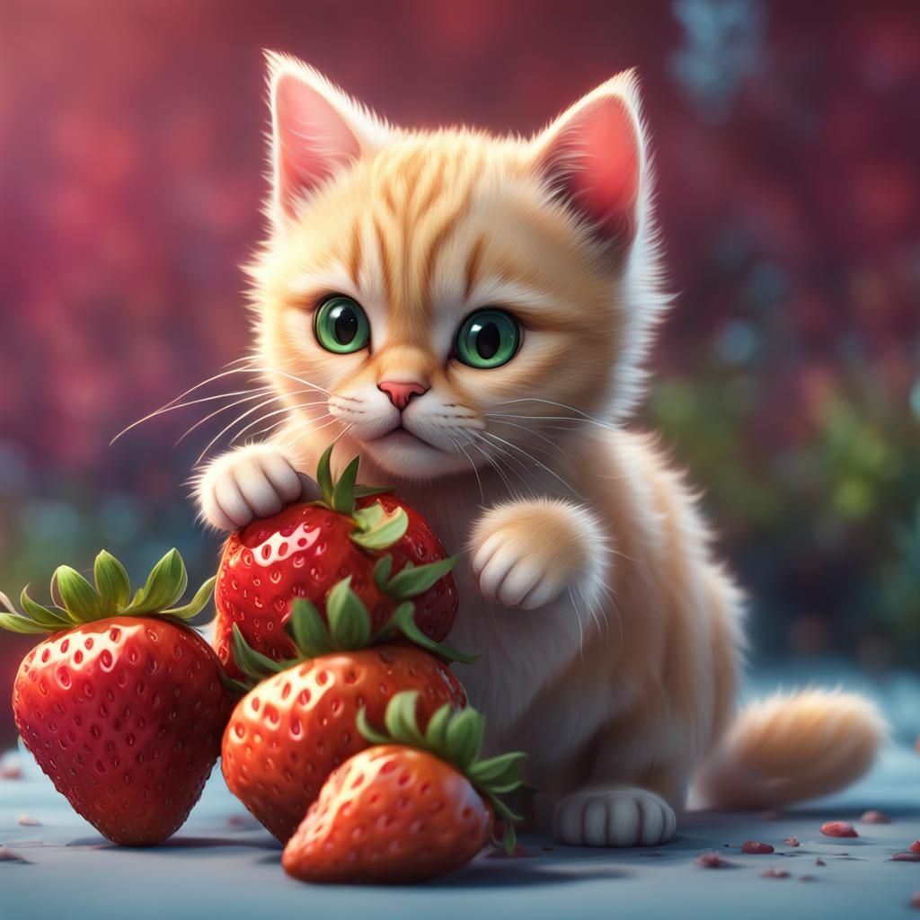 Cute Cat Enjoys Strawberry: Detailed Matte Painting