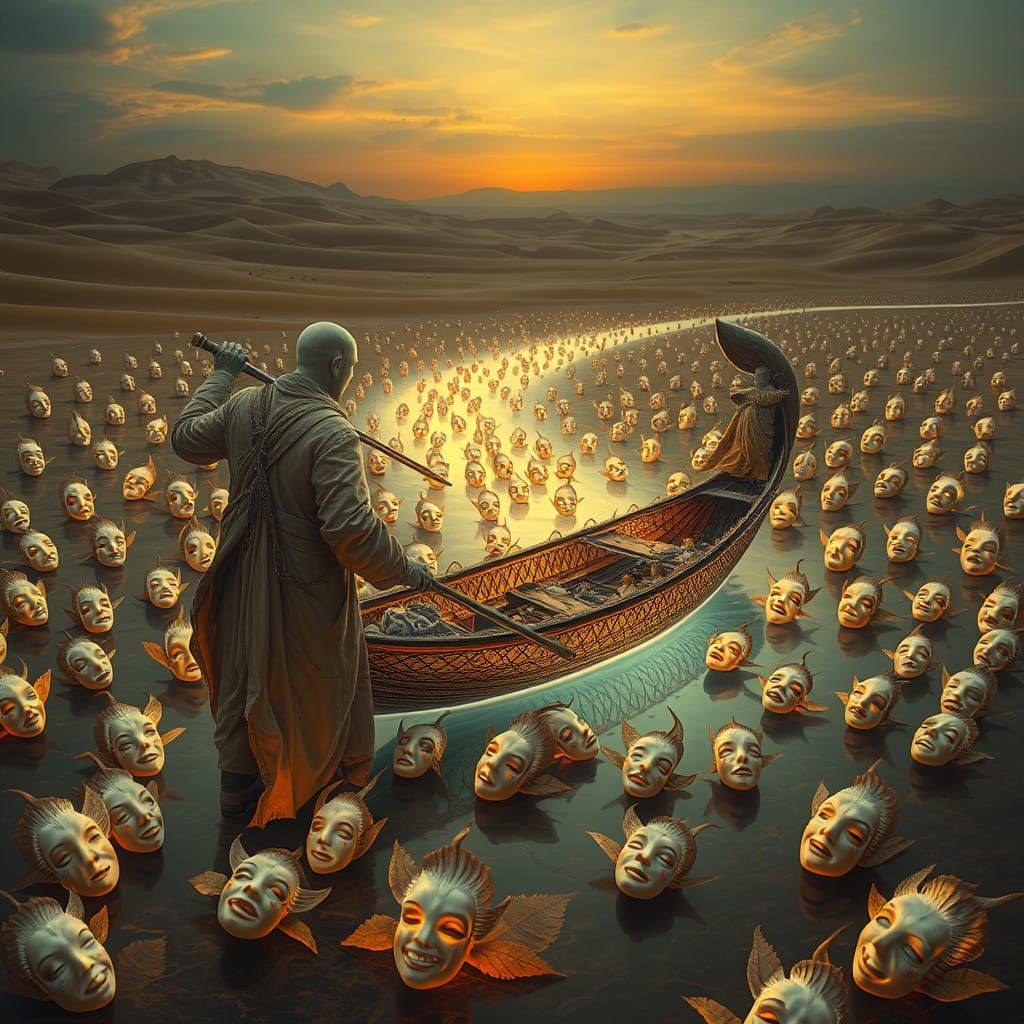 Surreal Desert River of Porcelain Masks