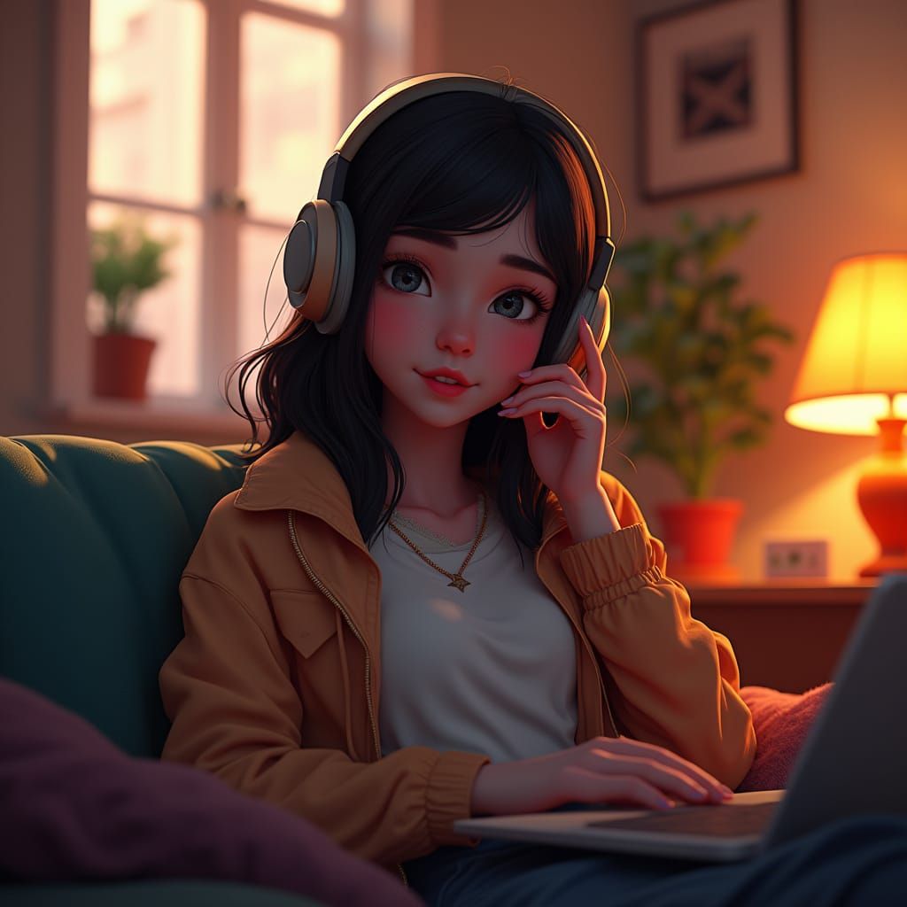 Woman Listening to Music in Cozy Digital Art
