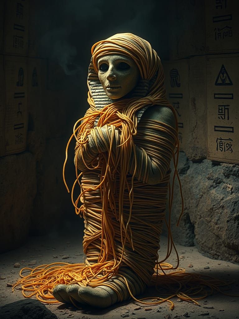 Brown Paper Mummy Tied Up With Spaghetti