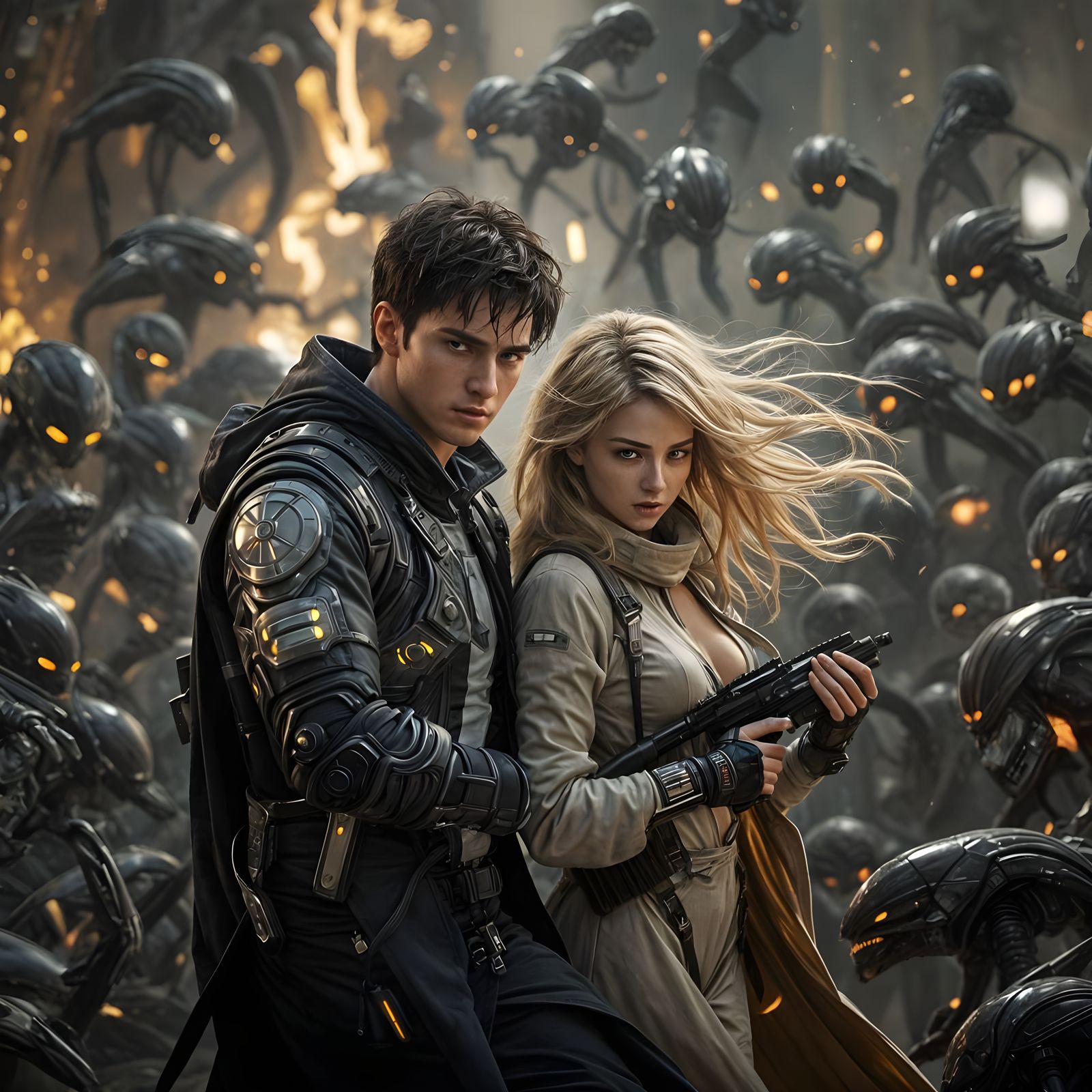 Futuristic Couple Battles Alien Horde with Laser Rifles