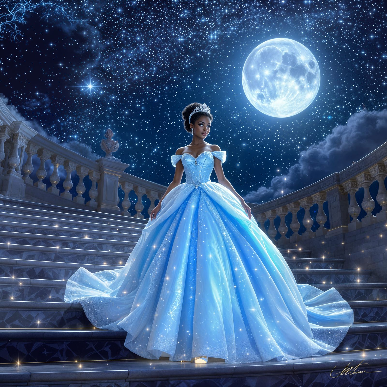African American Cinderella in Blue Gown at Palace