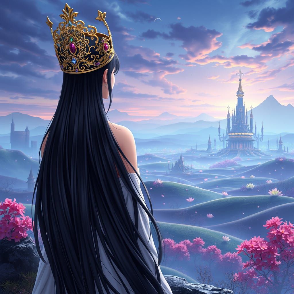 Mysterious Dark Hair Princess in a Vibrant Fantasy Landscape