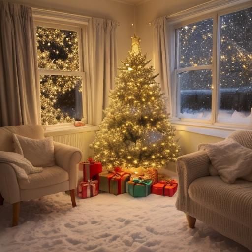 Christmas Cottage with Snowman and Starry Sky
