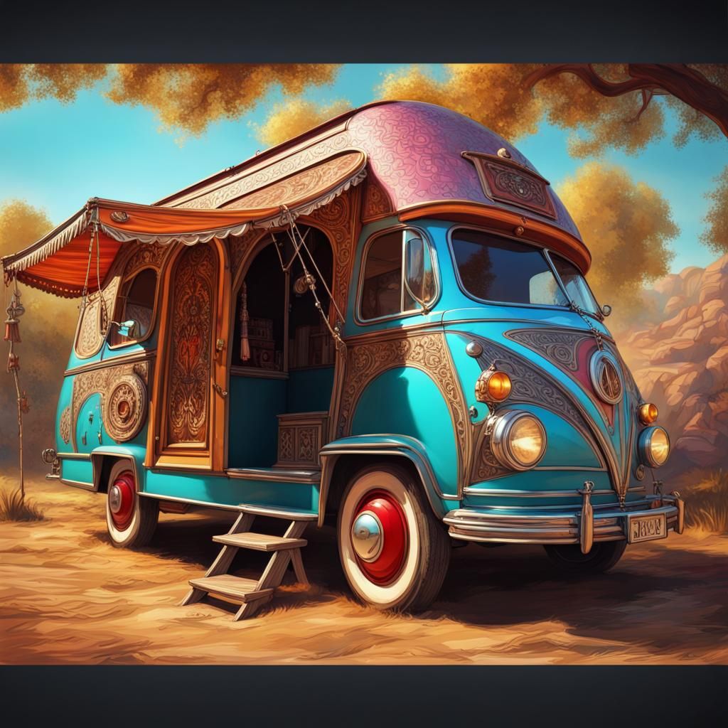 Intricately Detailed Gypsy Wagon in Splash Art Style