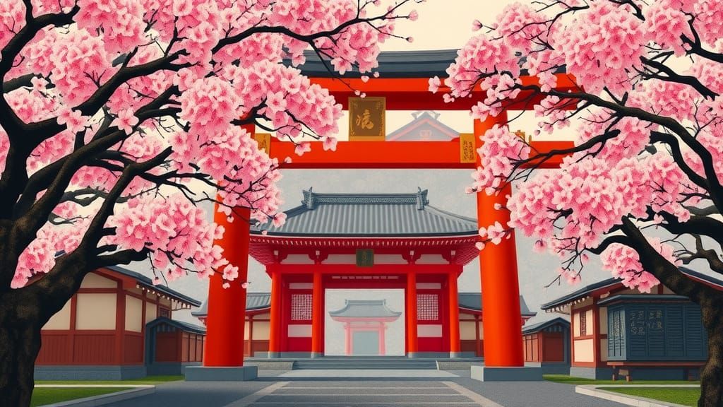 Shinto Shrine Through Torii Gate in Ukiyo-e Style