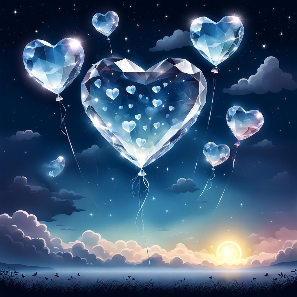 Crystal Heart Balloons Ascend into Sunny Sky