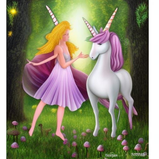 Fairy and Unicorn in Mushroom Forest