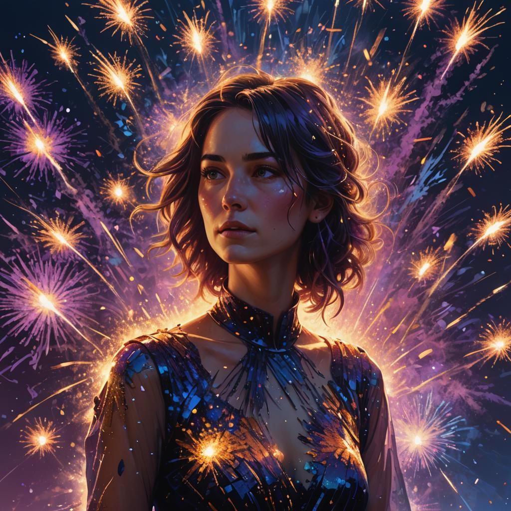 Fireworks Woman Portrait in Splash Art Style