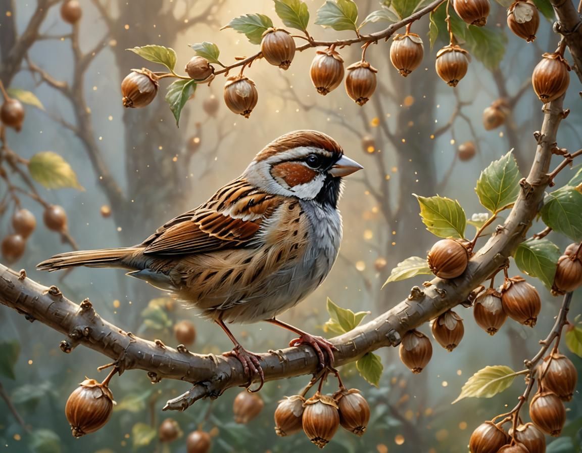 Sparrow and Hazelnuts in Ethereal Light