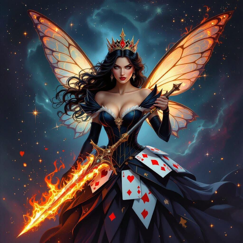 Queen of Hearts with Fairy Wings and Flaming Sword in Nebula