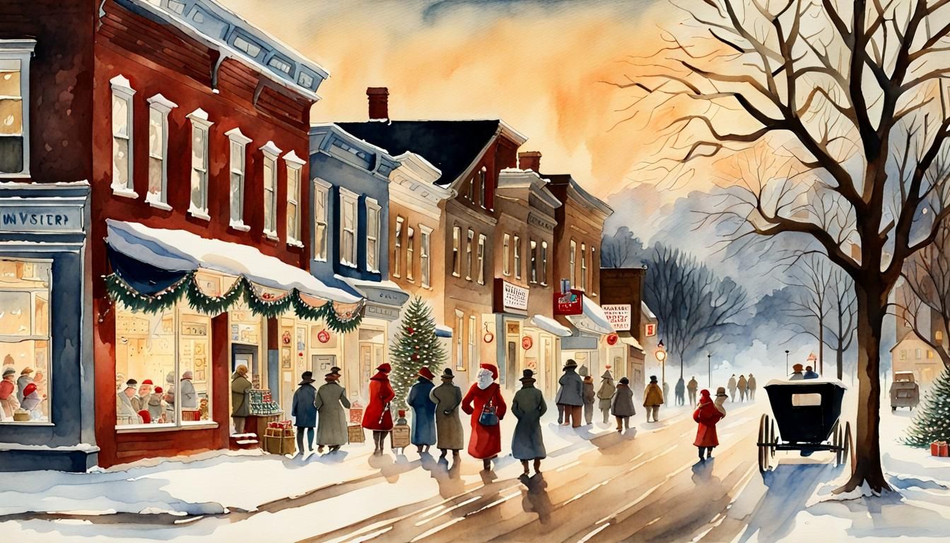 Christmas in Midwest Town: Detailed Watercolor Painting
