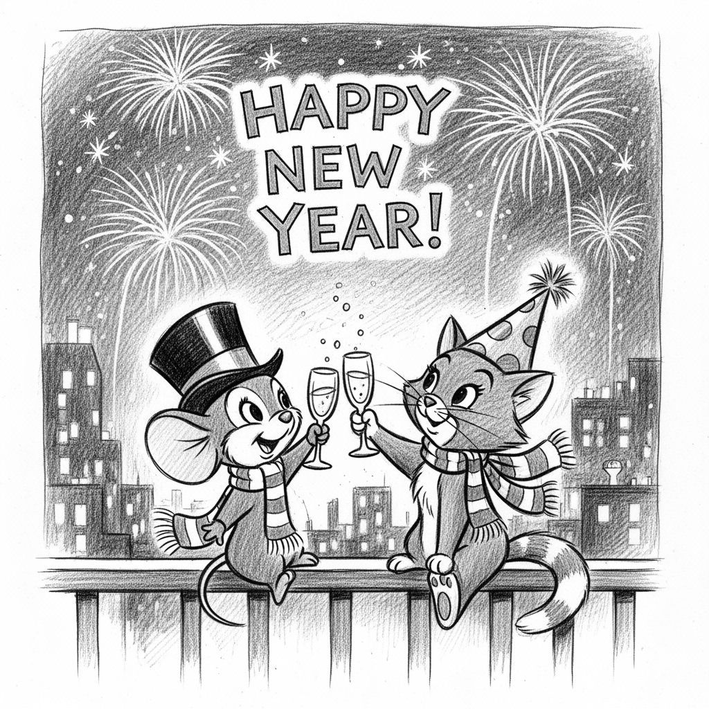 Adorable Mouse and Cat Toasting New Year in Pencil Sketch St...