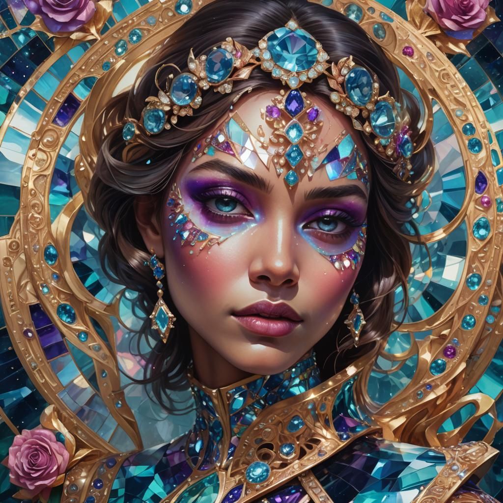 Crystallized Woman Portrait in Surreal Iridescent Light