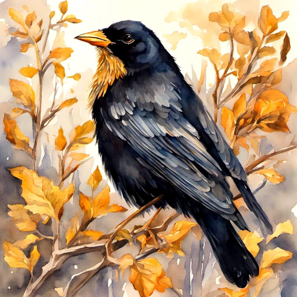 Gold-Winged Black Bird in Watercolor Gouache