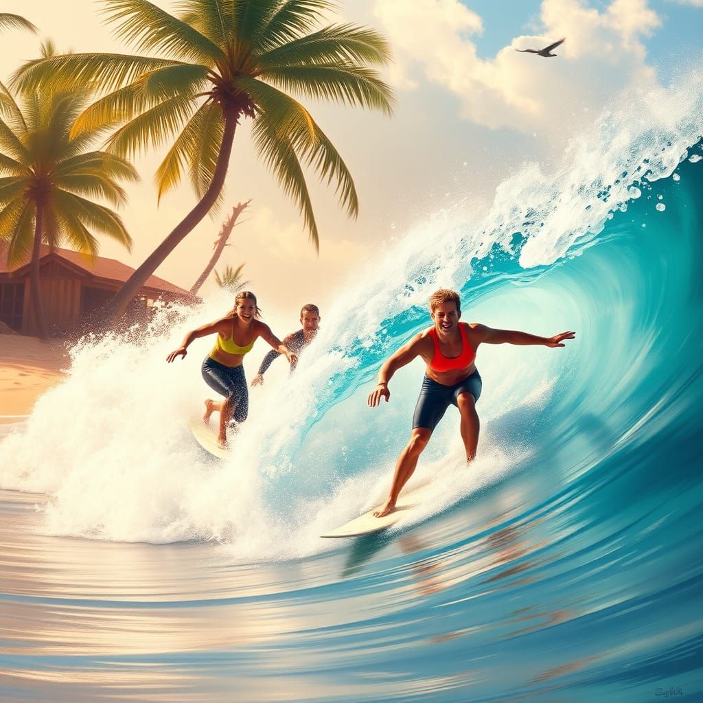 Surfers Ride Turquoise Waves in Vibrant Beach Scene